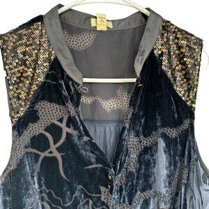 Tiny Blouse Sleeveless Top Navy Velvet Sequins Size M Button Up